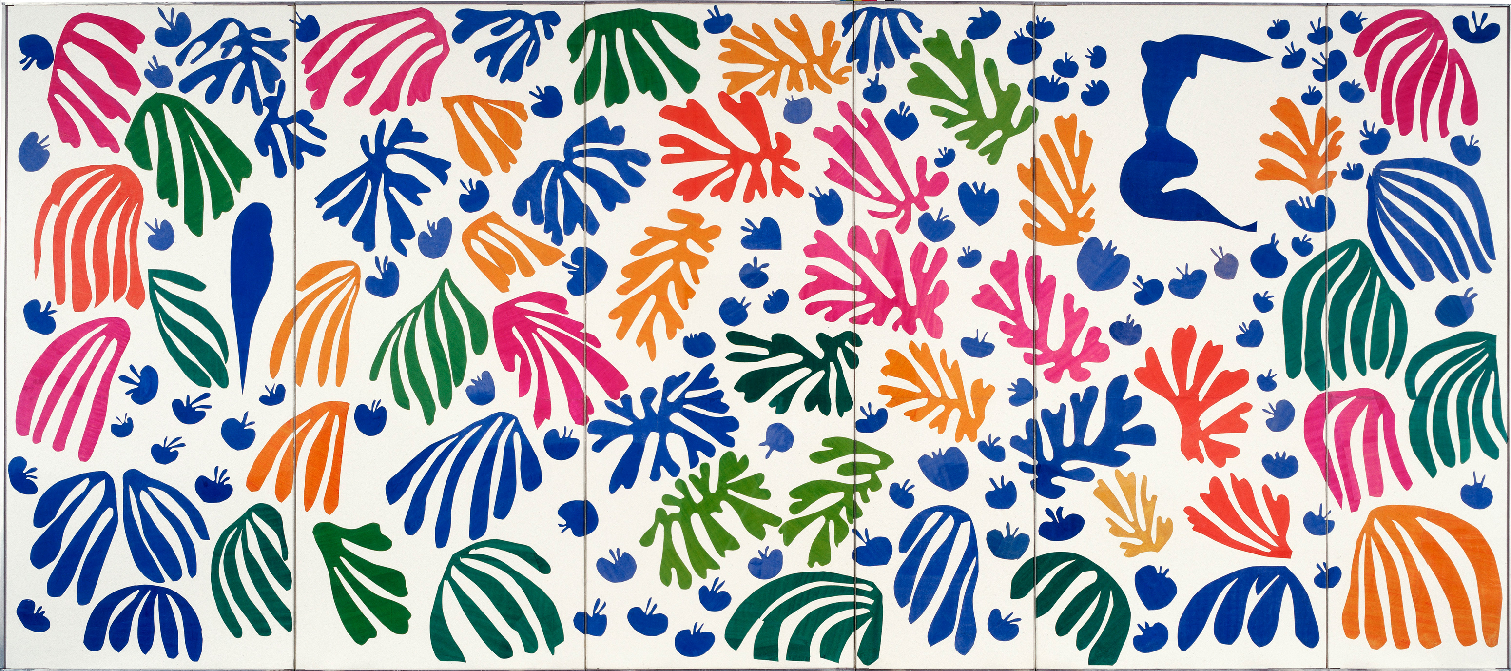 Henri Matisse, La perruche et la sir&egrave;ne, 1952-53, gouache, collage op papier op linnen, 337 x 768,5 cm. Collectie Stedelijk Museum Amsterdam. Verworven met steun van de Vereniging Rembrandt en het Prins Bernhard Cultuurfonds, 1967 &copy;Succession H. Matisse, c/o Pictoright Amsterdam 2014