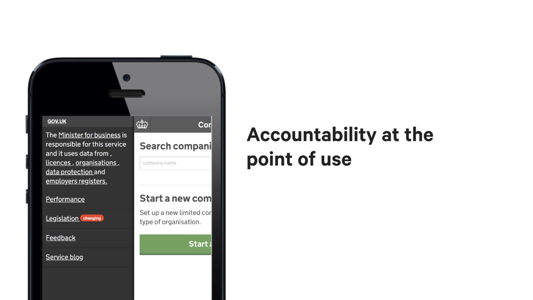 Slide copy: Accountability at the point of use. Slide image: A screenshot of a GOV.UK service explaining ministerial duties in context.