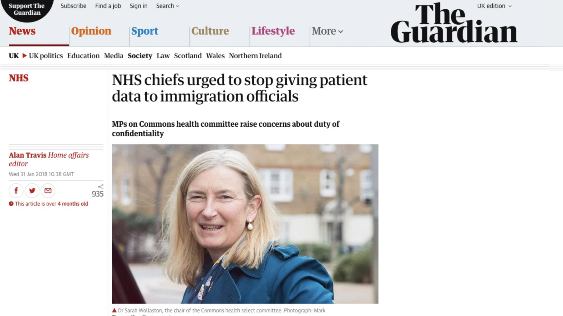 A screenshot of a news story about the data sharing agreement between NHS Digital and the Home Office