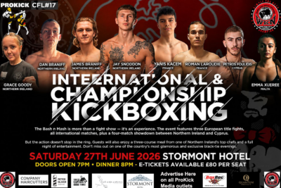 Tickets for the glamorous black-tie dinner show are £80. This includes a three-course meal, three WKN European title fights, a Northern Ireland vs. Cyprus match, and a full night of entertainment. Tickets are available on the ProKick website.