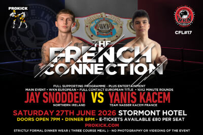 Due to Jay Snoddon's leg injury and a subsequent rules change, Jay's original opponent Jordan COCU pulled out. Snoddon will now face French fighter Yanis Kacem for the WKN Professional Full-Contact European Championship.