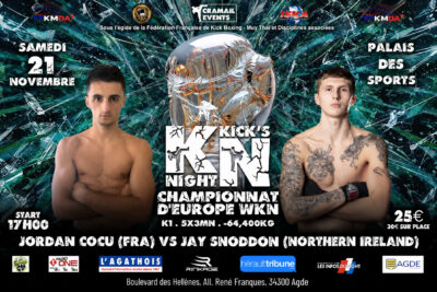Jay Snoddon is set to face French champion Jordan Cocu for the third time, with the WKN Professional European K-1 title at 64kg on the line.