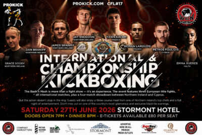 The Tickets for the black-tie dinner show are £80. The price includes a three-course meal, three WKN European title fights, a Northern Ireland vs. Cyprus match, and a full night of entertainment. Tickets are available on the ProKick website.