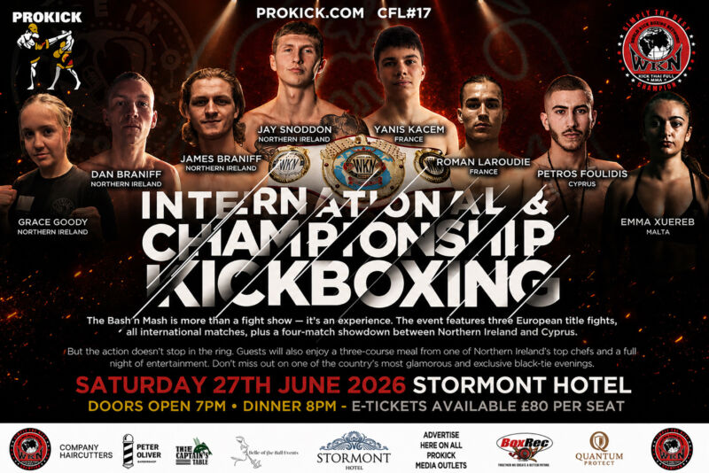 The Tickets for the black-tie dinner show are £80. The price includes a three-course meal, three WKN European title fights, a Northern Ireland vs. Cyprus match, and a full night of entertainment. Tickets are available on the ProKick website.
