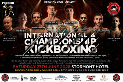 The Tickets for the black-tie dinner show are £80. The price includes a three-course meal, three WKN European title fights, a Northern Ireland vs. Cyprus match, and a full night of entertainment. Tickets are available on the ProKick website.