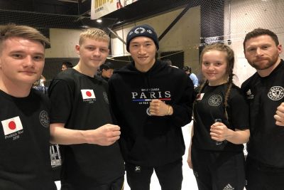 Pictured here some of the ProKick team with - Anpo Rukiya the Super Light-weight K-1 champion. James Braniff beat one for Anpo Rukiya's  team-mates in the final of the Western K-1 amateur championships in Osaka.