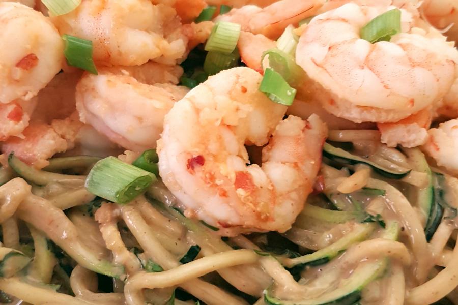 Peanut Zoodle Salad + Chili Garlic Shrimp - Mouth Half Full