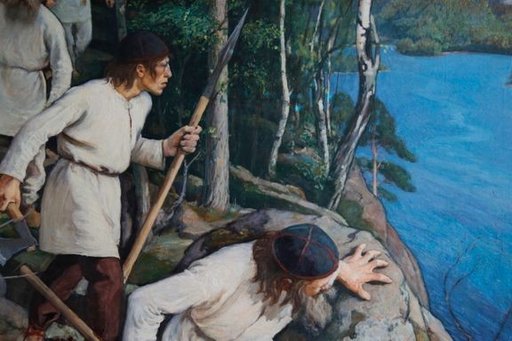 Muinaisia suomalaisia sotureita. Yksityiskohta Laukon kartanon päärakennuksella nähtävästä Pekka Halosen "Vainolaista vastaan" -maalauksesta (1896). Kuva: Kemira Oy / Liisa Lagerstam.