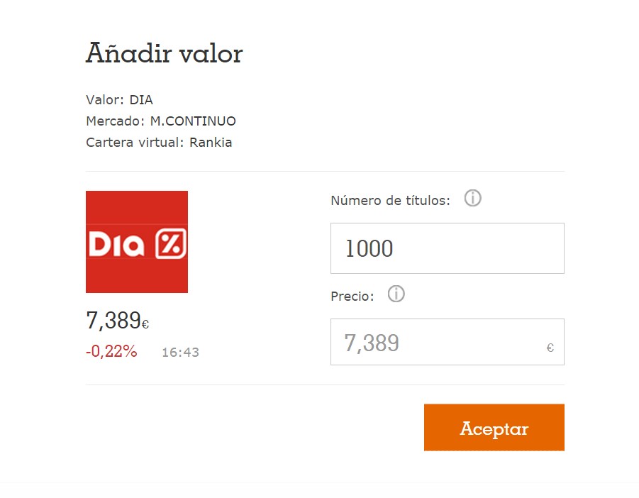 Valores cartera virtual Broker Naranja