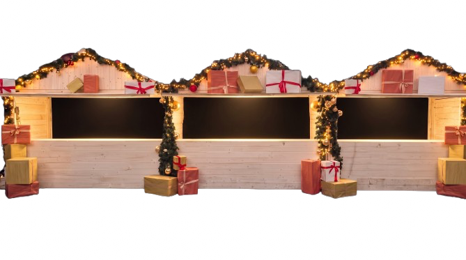 Façade Chalets de Noël — Distribution de Cadeaux & Jouets