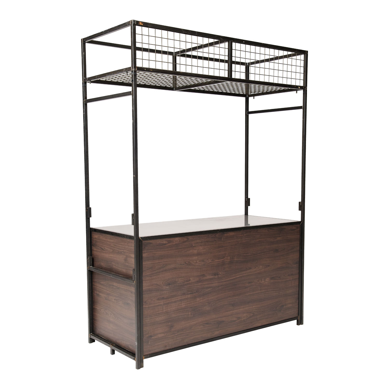 Walnoot hout klapbuffet Black Steel (160x70cm) met RVS blad inclusief buffet bovenbouw