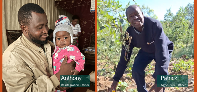 Open Arms Malawi staff Anthony holding a baby and Patrick planting
