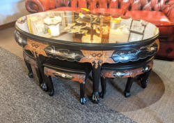 U15 Superb Black Laquered Original Oval Table With Impressed Figures Temple Decoration With 6 Matching Stools Tables 195 01