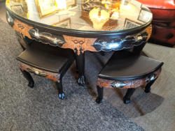 U15 Superb Black Laquered Original Oval Table With Impressed Figures Temple Decoration With 6 Matching Stools Tables 195 02