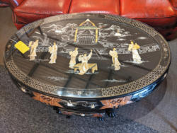 U15 Superb Black Laquered Original Oval Table With Impressed Figures Temple Decoration With 6 Matching Stools Tables 195 03