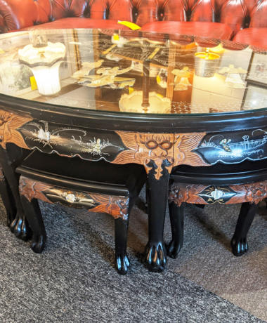 U15 Superb Black Laquered Original Oval Table With Impressed Figures Temple Decoration With 6 Matching Stools Tables 195 01