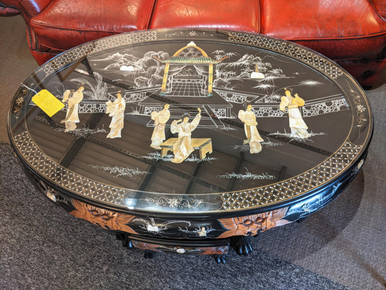 U15 Superb Black Laquered Original Oval Table With Impressed Figures Temple Decoration With 6 Matching Stools Tables 195 03