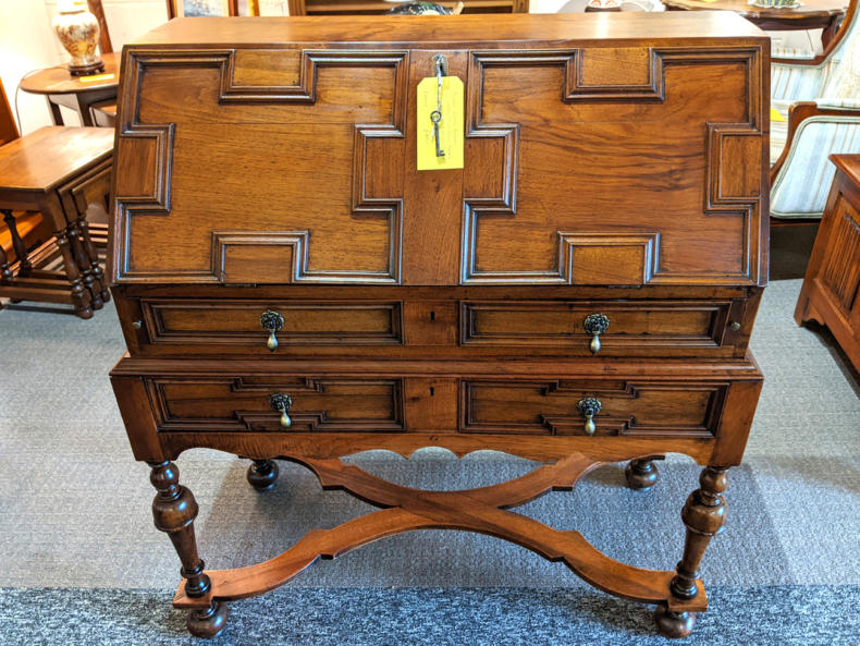 U15 Superb Estate Bureau In Walnut With Cross Shaped Stretcher By Waring Stamped With Crown Pre 1900 2 Keys 245 01
