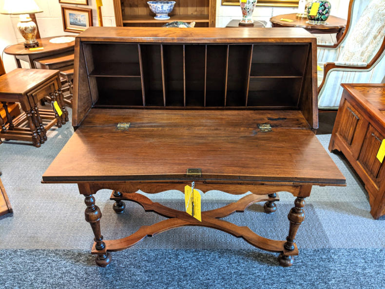 U15 Superb Estate Bureau In Walnut With Cross Shaped Stretcher By Waring Stamped With Crown Pre 1900 2 Keys 245 02