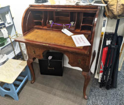 U34 Unusual Antique Cylinder Roll Top Desk Mahogany Shelf Slides Out When Top Is Opened 295 01