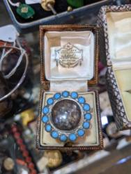 U55 Large Antique Glass Turquoise Mourning Ring 65 01