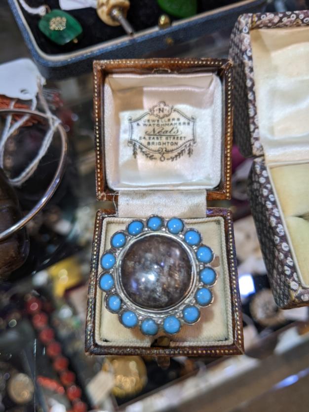 U55 Large Antique Glass Turquoise Mourning Ring 65 01