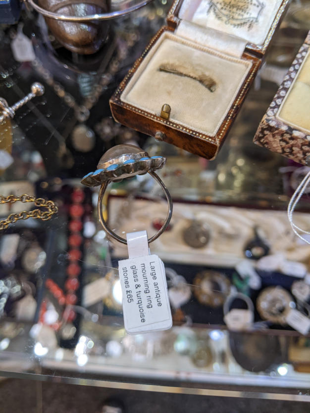U55 Large Antique Glass Turquoise Mourning Ring 65 02