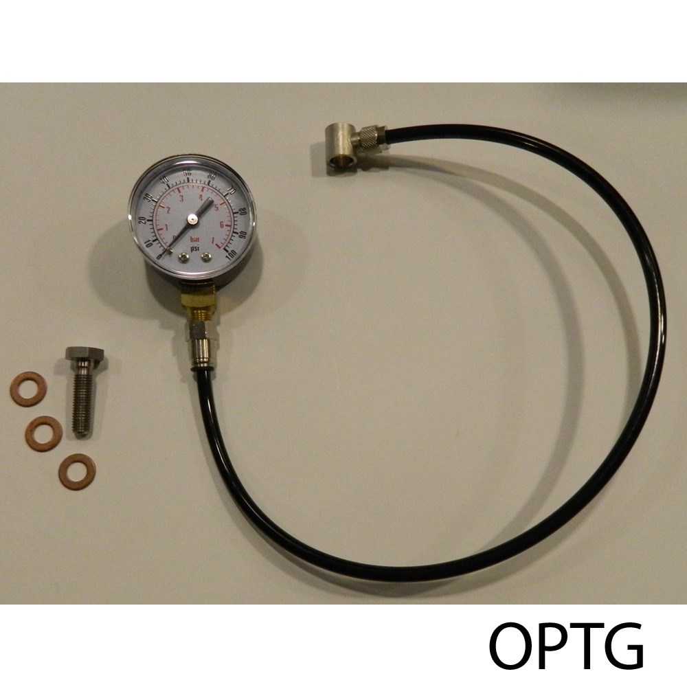 OIL PRESSURE TEST GAUGE WITH PIPE & TAKE OFF FOR ROCKER OIL FEED