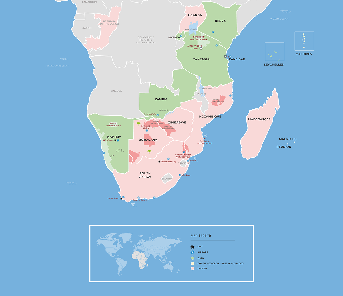 Map showing updates on travel restrictions in Africa