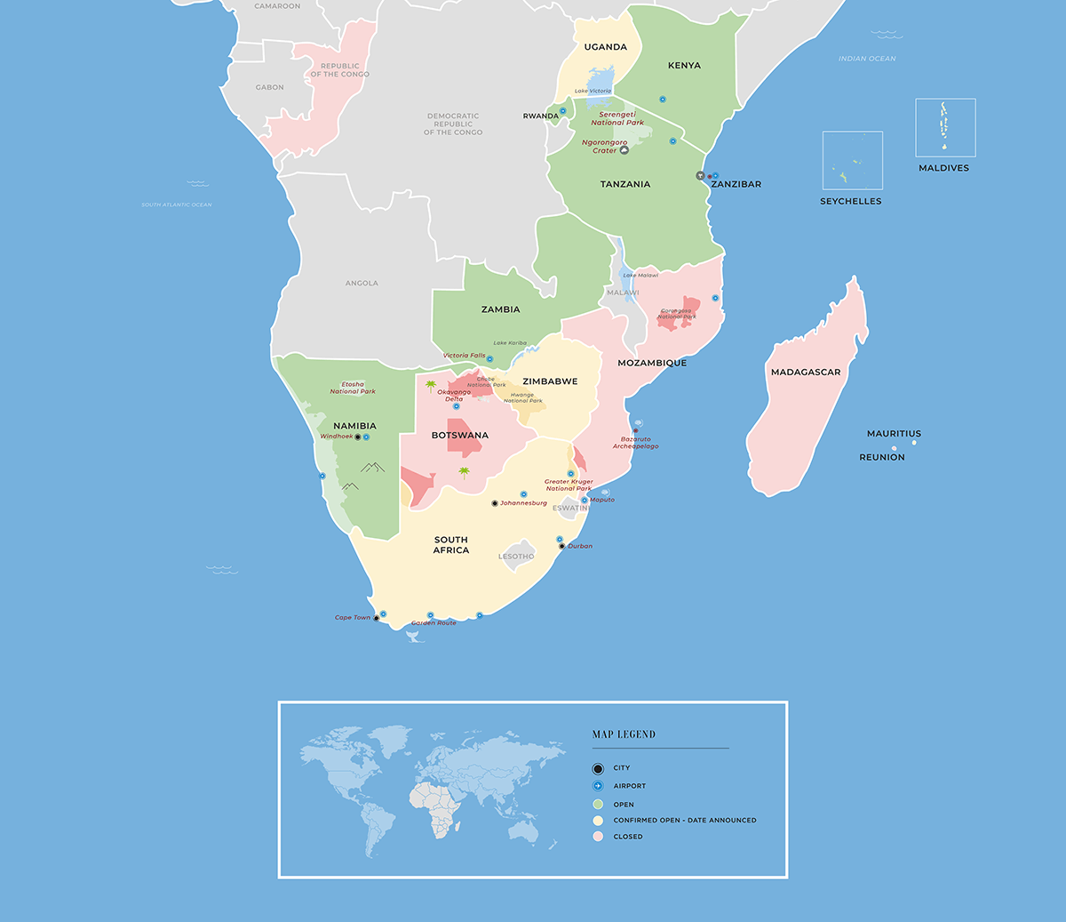 Map showing updates on travel restrictions in Africa