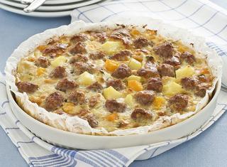 Zucca, salsiccia e patate al forno