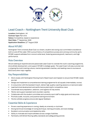 Lead Coach – Nottingham Trent University Boat Club