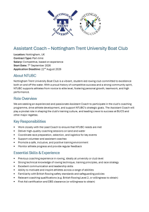 Assistant Coach – Nottingham Trent University Boat Club