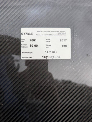 Sykes single scull. Year – 2017. Mould 128 – athlete weight – 80-90kg. Scull