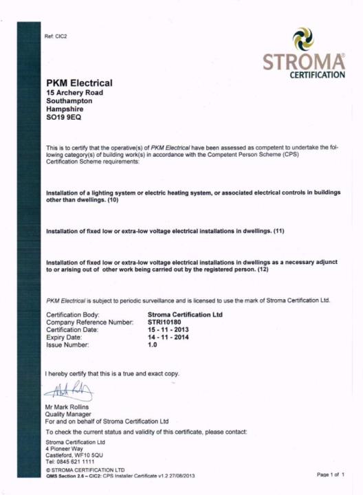 Part P Certificate >> Pkm Electrical In Southampton Rated People Part P Certificate >> Pkm Electrical In Southampton Rated People