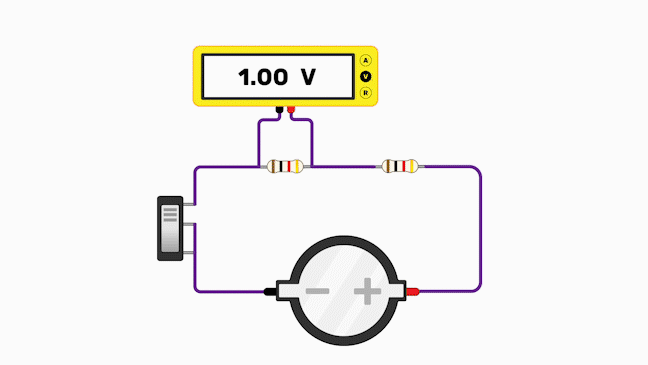 A potential divider circuit where when the switch is on, a multimeter reads 1.00 V, and 0V when the switch is off.