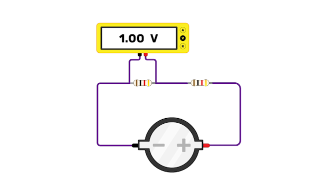 A potential divider circuit where a multimeter reads 1.00 V