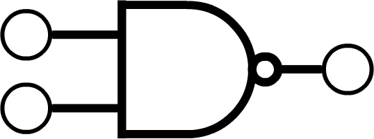 A symbol that looks like an extended D with a small circle touching its right-most point. Two input and an output are represented with larger circles connected with a straight line - the inputs are connected on the left-hand side approximately one quarter and three quarters of the way down the straight edge of the D, and the output is connected on the right-hand side to the small circle.