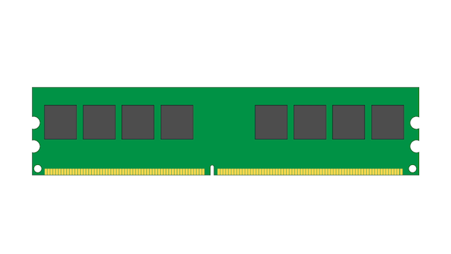 An image of a RAM module, with 8 chips on it and some gold-plated connectors at the bottom.