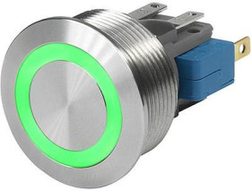 Vandal-proof pushbutton, 1 pole, silver, illuminated  (green), 100 mA/30 VDC, mounting Ø 22 mm, IP67, 3-108-958