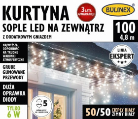Kurtyna świetlna zewnętrzna 100l kurtyna sople z dod.gniazdem 4,8m dekoracji+1,5m przewodu zasilającego MIX biały 75-655