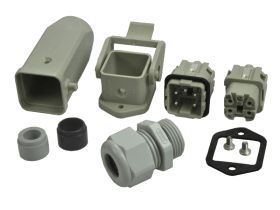 Złącze gniazdo+wtyk; Han Kit; 10200040002; 4 tory; 3A; plastik; proste; wtyk w obudowie na przewód; śrubowy; z dławnica M20; 10A