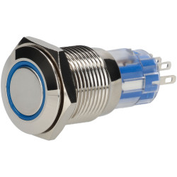 R-TECH 524590 16mm IP67 Vandal Resistant Switch SPDT Blu Ring LED Flush Nickel
