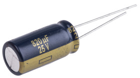 Kondensator 820μF 25V dc Radialny, Otwór przelotowy Panasonic roztaw: 5mm 10 (Dia.) x 20mm