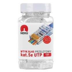 Wtyk modularny RJ45 8P8C kat.5e nieekranowany UTP uniwersalny drut linka przelotowy NEKU opakowanie SŁOIK 100szt.
