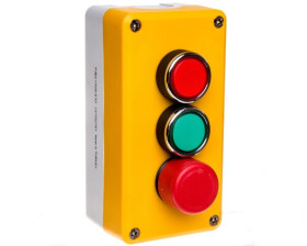 Kaseta sterownicza żółto-szara, 3 przyciski, kryty ziel. (1NO), kryty czer.(1NC), bezpieczeństwa 30 mm (1NC), T0-P3C1A2BE30