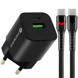 Ładowarka sieciowa everActive GaN SC-390QB z gniazdem USB QC3.0 oraz USB-C PD PPS 30W + kabel USB-C PD CBB-1PDR LED 1m