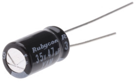 Kondensator 47μF 35V dc Radialny, Otwór przelotowy Rubycon roztaw: 2.5mm 6.3 (Dia.) x 11mm