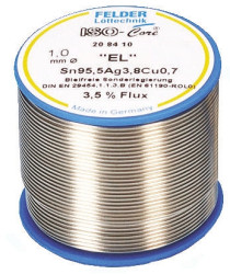 Lut bez ołowiu średnica 1mm Felder Lottechnik 0% Pb temp. topnienia 217°C 500g 0.7% Cu 95.5% Zn 3.8% Ag