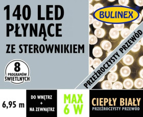 PŁYNĄCE 140 LED lampki z zasilaczem biały ciepły,przewód przeźroczysty 6,95m dł. + 3m, 8 programów wewn/zewn 6W IP44 13-149